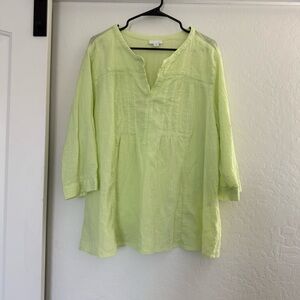 J. Jill Lime Green Tunic Blouse Lightweight Cotton Crochet Lace Detail Pleated